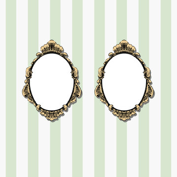 Two retro oval frames hanging on the wall.