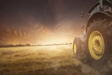 Fotobehang Traktor auf einem Feld bei der Ernte © m.mphoto