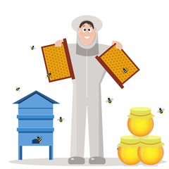 The beekeeper in the apiary. Man in protective suit isolated on a white background. Cartoon. Vector illustration - 163572221
