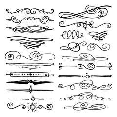 Huge pack or set engraved hand drawn in old or antique sketch style, vintage flourishes calligraphic design elements decorations. logo or emblems, retro label and badge. ornaments and monograms.