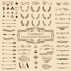 Huge pack or set engraved hand drawn in old or antique sketch style, vintage flourishes calligraphic design elements decorations. logo or emblems, retro label and badge. ornaments and monograms. - obrazy, fototapety, plakaty