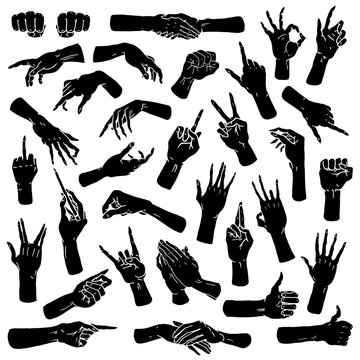 Gestures arms stop, palm, thumbs up, finger pointer, ok, like and pray or handshake, fist and peace or rock n roll. engraved hand drawn in old sketch style, vintage collection of emotion and signs.