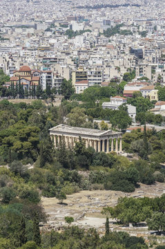 Panorama of Athens with view of the Agora and the Temple of Hermes in Ancient Agora in Greece.