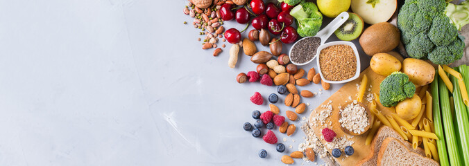 Fototapeta Selection of healthy rich fiber sources vegan food for cooking obraz