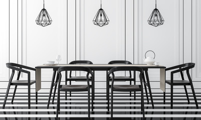 Modern vintage dining room with black and white 3d rendering image .There is a black and white floor. Wall decor with black groove and finished with black wood furniture.