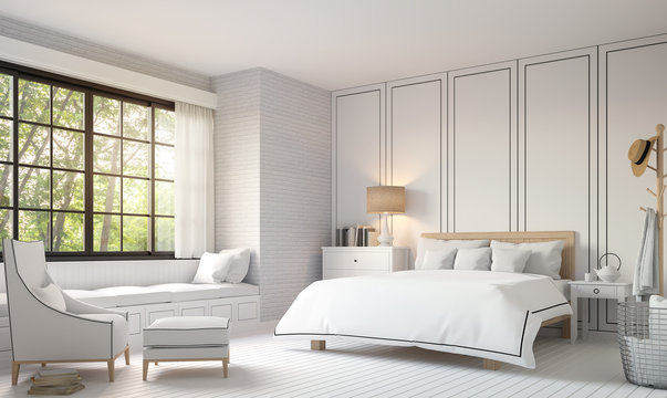 Modern vintage bedroom with black and white 3d rendering image. There is a  white wood floor,white brick wall and finished with white furniture.There are large window overlooking the nature