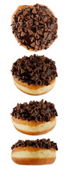 picture of four chocolate donuts in different positions