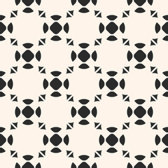 Vector monochrome seamless pattern. Funky abstract texture, simple geometric figures, smooth contours, circles, triangles, repeat tiles. Endless minimalist background, stylish design element
