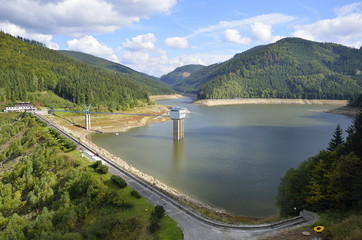 Obraz na płótnie Canvas Reservoir with dam in sunny day, Ostravice, Czech Republic