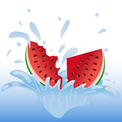 Fruits, berries falling in water, watermelon. Splash of water. Drops flying in the air, water spray