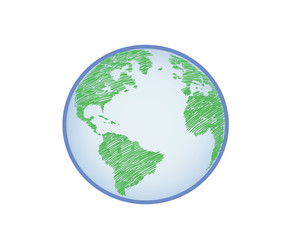 Earth icon hand-drawn on white background. World map in doodles or globe retro style. Environment design for earth day.