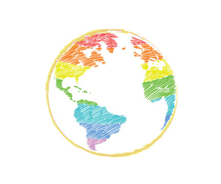 Earth icon hand-drawn in rainbow color on white background. World map in doodles or globe retro style. Nature concept. Environment design for earth day.