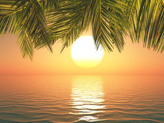 Panele Szklane  Tropikalny krajobraz 3D o zachodzie słońca