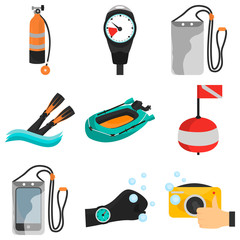 Set of diving color flat icons for web and mobile design