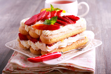 Strawberry, peaches, cream with savoiardi biscuits