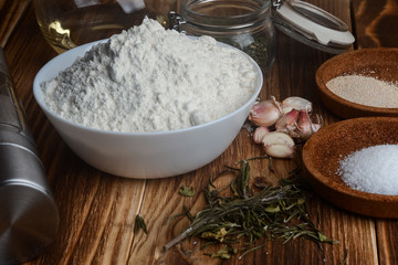 Flour, garlic and spices, a set of ingredients