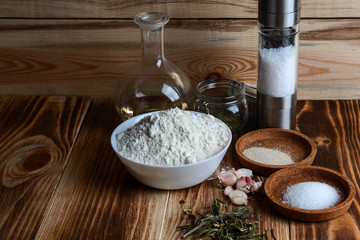 Flour, garlic and spices, a set of ingredients