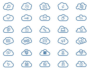 Cloud computing linear icons set. Download, upload, settings and preferences symbols. Lock, unlock and folder icons. Online data storage icons. Vector isolated outline drawings
