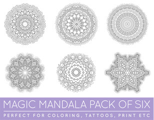 Set of Ethnic Fractal Mandala Vector Meditation Tattoo looks like Snowflake or Maya Aztec Pattern or Flower too Isolated on White