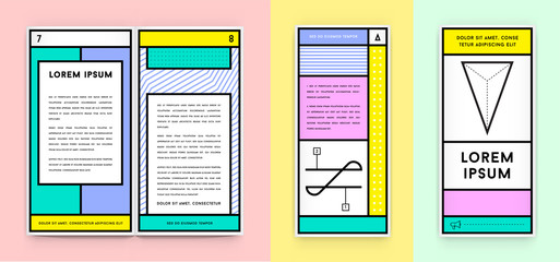 Set of Visual identity in Trendy New Fat Line Style Geometric Design in Retro Style with Fresh Old School Colours with Fictitious names and text