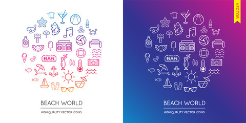 Vector Set of Beach Modern Flat Thin Icons Inscribed in Round Shape