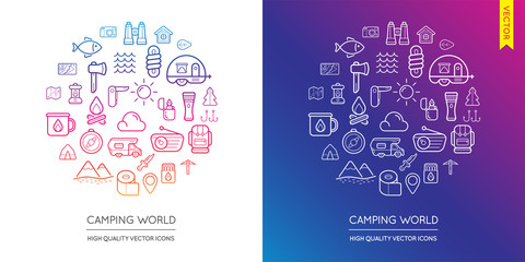 Vector Set of Camping Modern Flat Thin Icons Inscribed in Round Shape