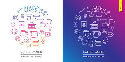 Vector Set of Coffee Modern Flat Thin Icons Inscribed in Round Shape