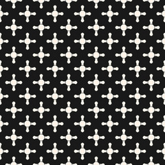 Vector seamless pattern, abstract geometric background with simple geometrical shapes, small rounded crosses, circles, staggered grid. Dark monochrome endless texture, repeat tiles. Square design