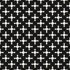 Vector seamless pattern, abstract geometric background with simple geometrical shapes, small rounded crosses, circles, staggered grid. Dark monochrome endless texture, repeat tiles. Square design