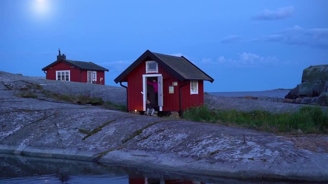 Family staying in a cabin on an island in the Stockholm archipelago, Sweden