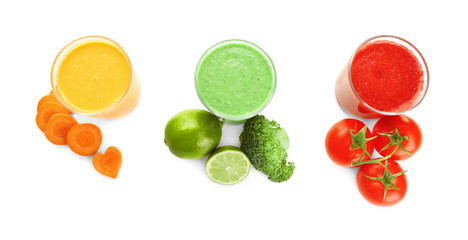 Fresh smoothies with ingredients on white background