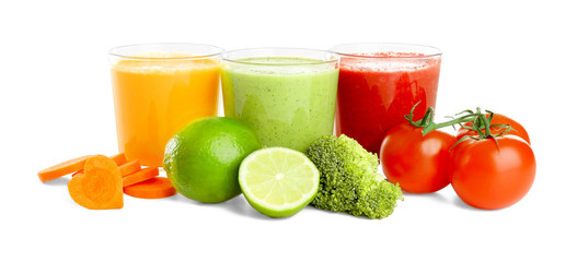 Fresh smoothies with ingredients on white background
