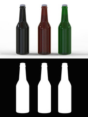 3d illustration. set of black, brown and green beer bottle on white background with alpha mask