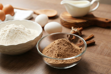 Ingredients for cinnamon rolls on kitchen table