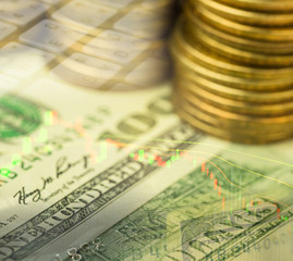 Double exposure of dollars banknote with risk investment