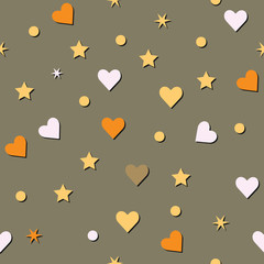 Seamless pattern with heart, dot and star. Vector repeating texture.