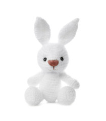 Little crochet bunny toy isolated on white