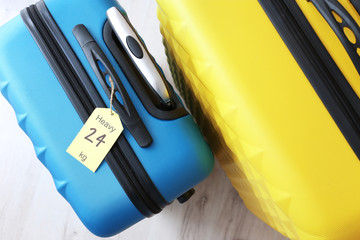 Tag on heavy suitcase. Luggage overweight concept