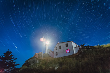 Star Trails, Lobster Cove Head Lighthouse, Rocky Harbour, Gros Morne National Park, Newfoundland &...