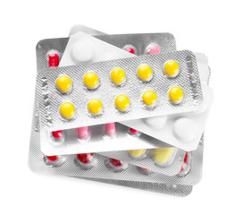 Health care concept. Blister packs with pills on light background