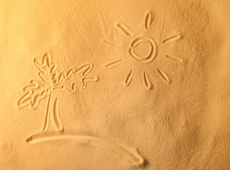 Fototapeta na wymiar Palm and sun drawn on sea sand, closeup view