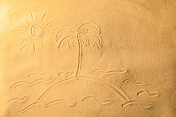 Fototapeta na wymiar Island drawn on sea sand, closeup view
