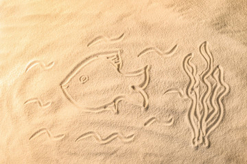 Fish drawn on sea sand, closeup view