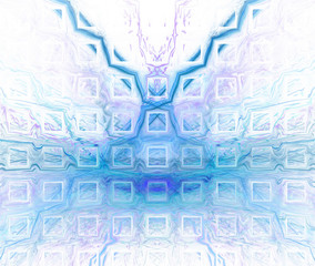 White abstract background with blurred and sharp turquoise texture. Blue symmetrical fractal butterfly shaped pattern, centered.