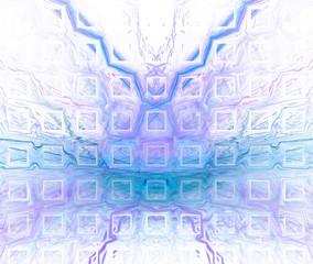 White abstract background with blurred and sharp blue texture. Turquoise symmetrical fractal butterfly shaped pattern, centered.