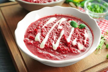 Plate with delicious beet soup, closeup