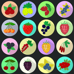 Icons of different fruits and berries, placed in colored circles with a shadow, collected in a set on a dark background.