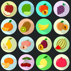 Основные RGBIcons of different fruits, placed in colored circles with a shadow, collected in a set on a dark background.