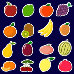 Icons Stickers  of fruit with a white outline, in a set on a dark background.