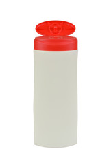 Open white plastic dispenser with red cap for the skin care lotion or shampoo, without any label isolated on a white background